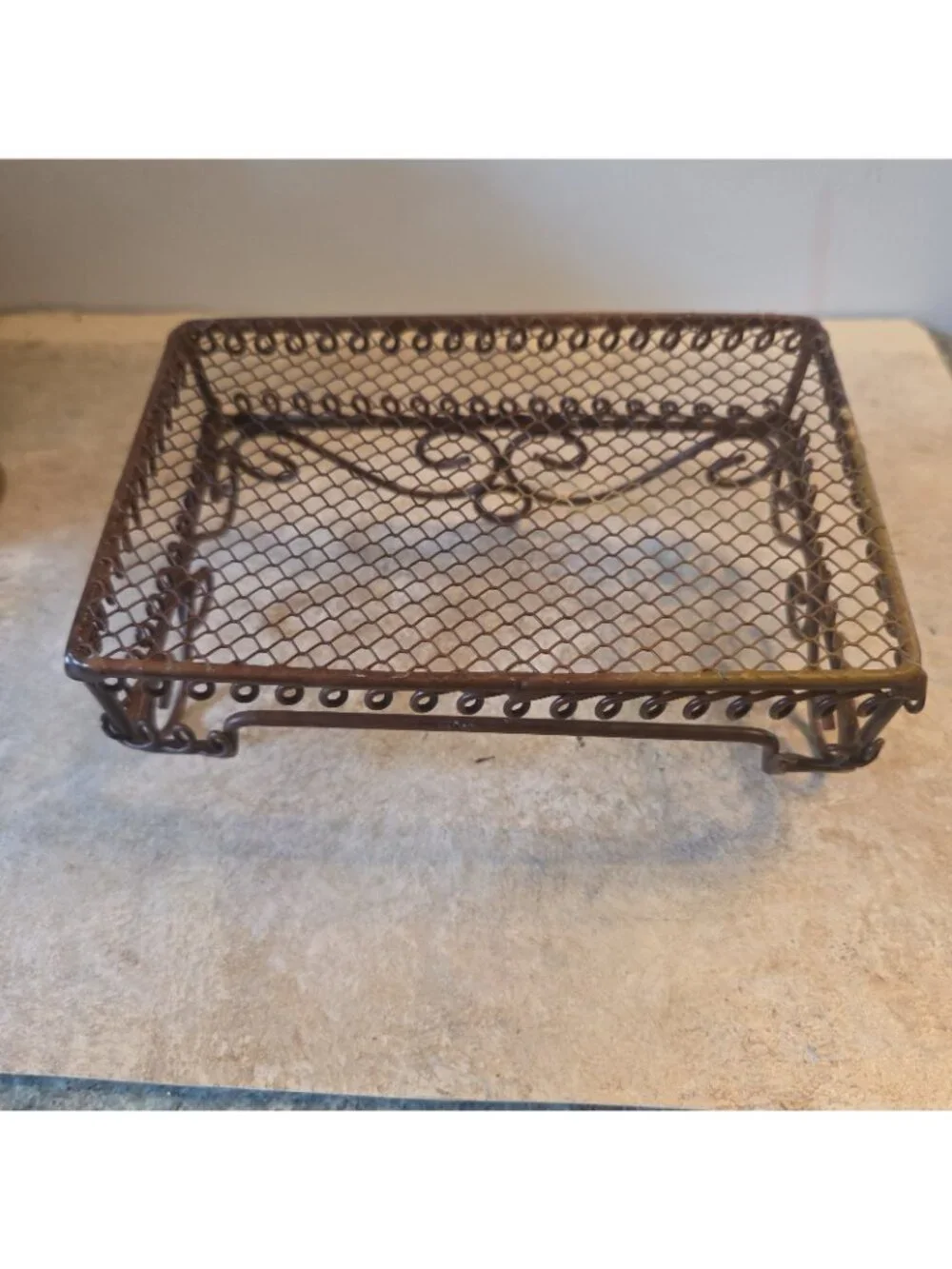 White Ceramic Soap Dish with Wrought Iron Holder Scrolled Brown Metal EUC
